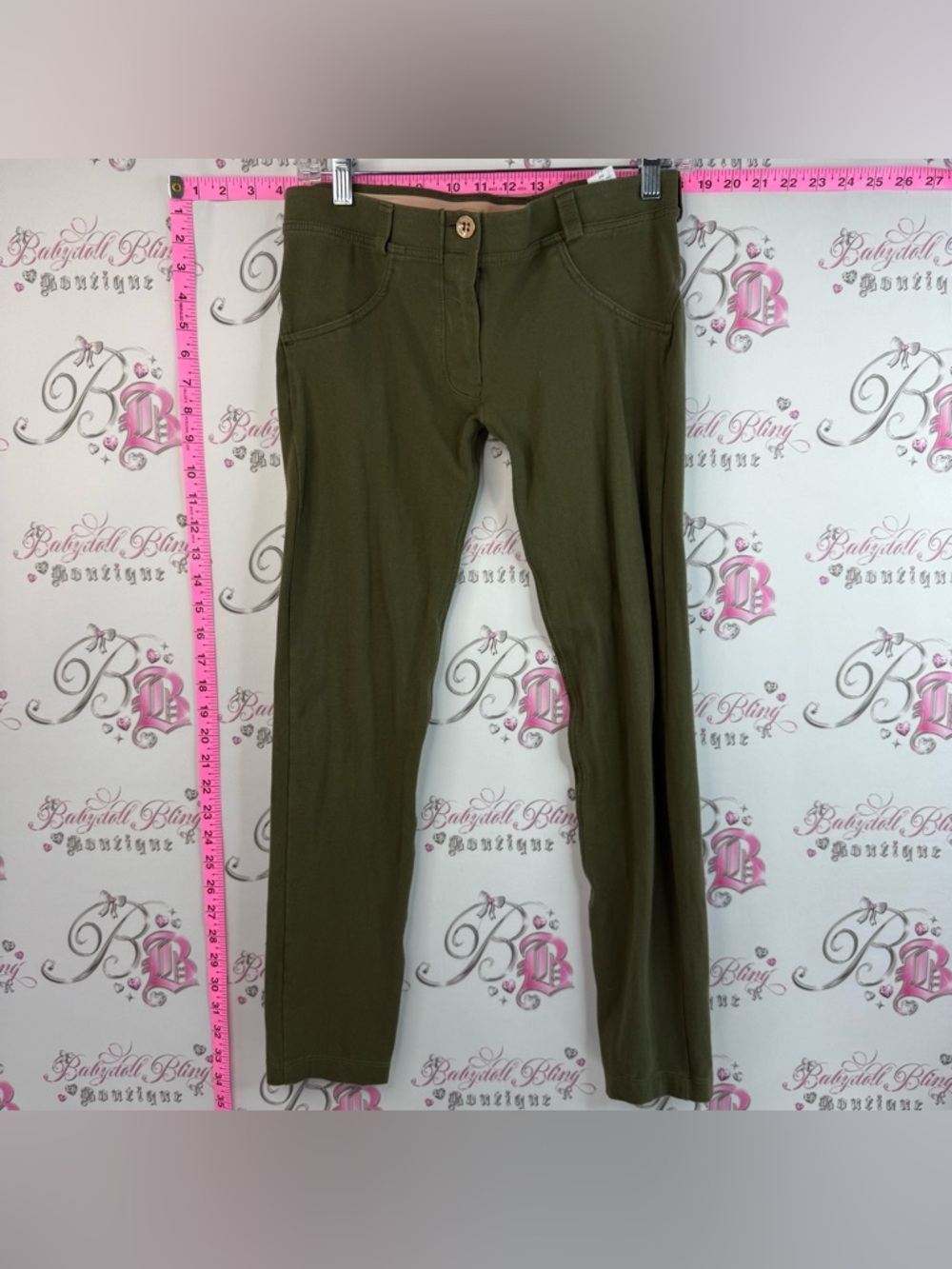 Freddy Olive Green Stretch Casual Pants Booty Scrunch Latex Band Inside